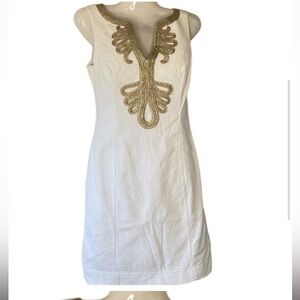 Lilly Pulitzer Janice White Shift Dress with Gold Metallic Detail at Split Neck